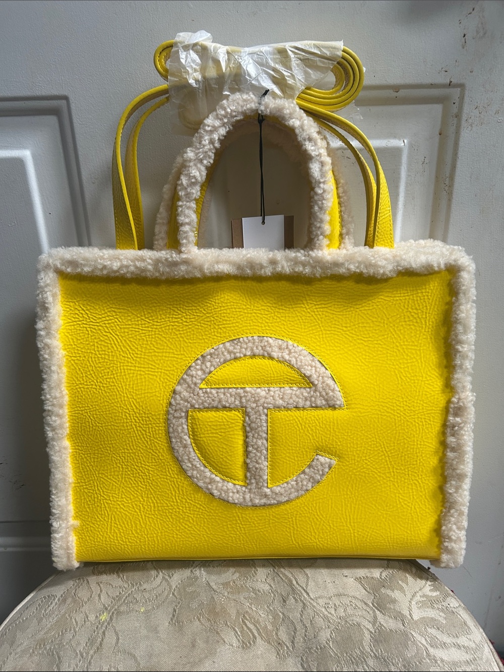 Ugg x Telfar Large Crinkle Yellow Shearling Trim  & Embossed Shopper Tote Bag